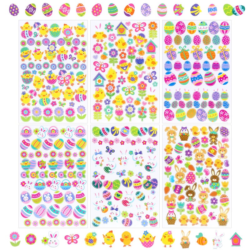 Naler Easter Stickers Sheet Assorted Bunny Stickers for Easter Party Favor DIY Craft Art Making Decoration, 6-Pack, 300+pcs - Image 1